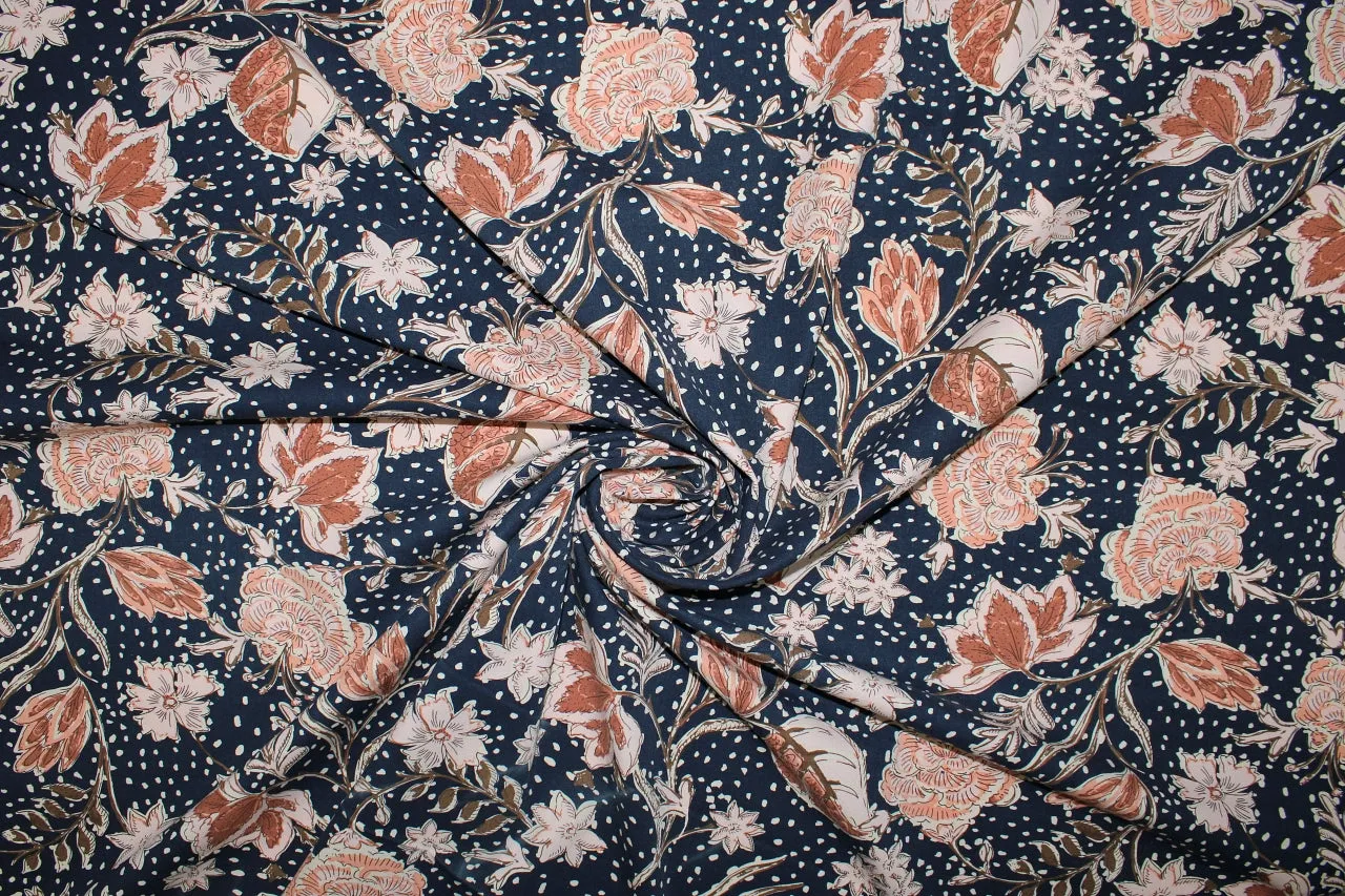 Avenue M0ntaigne Floral Rayon Stretch Twill - Peachy Tones on Midnight Navy