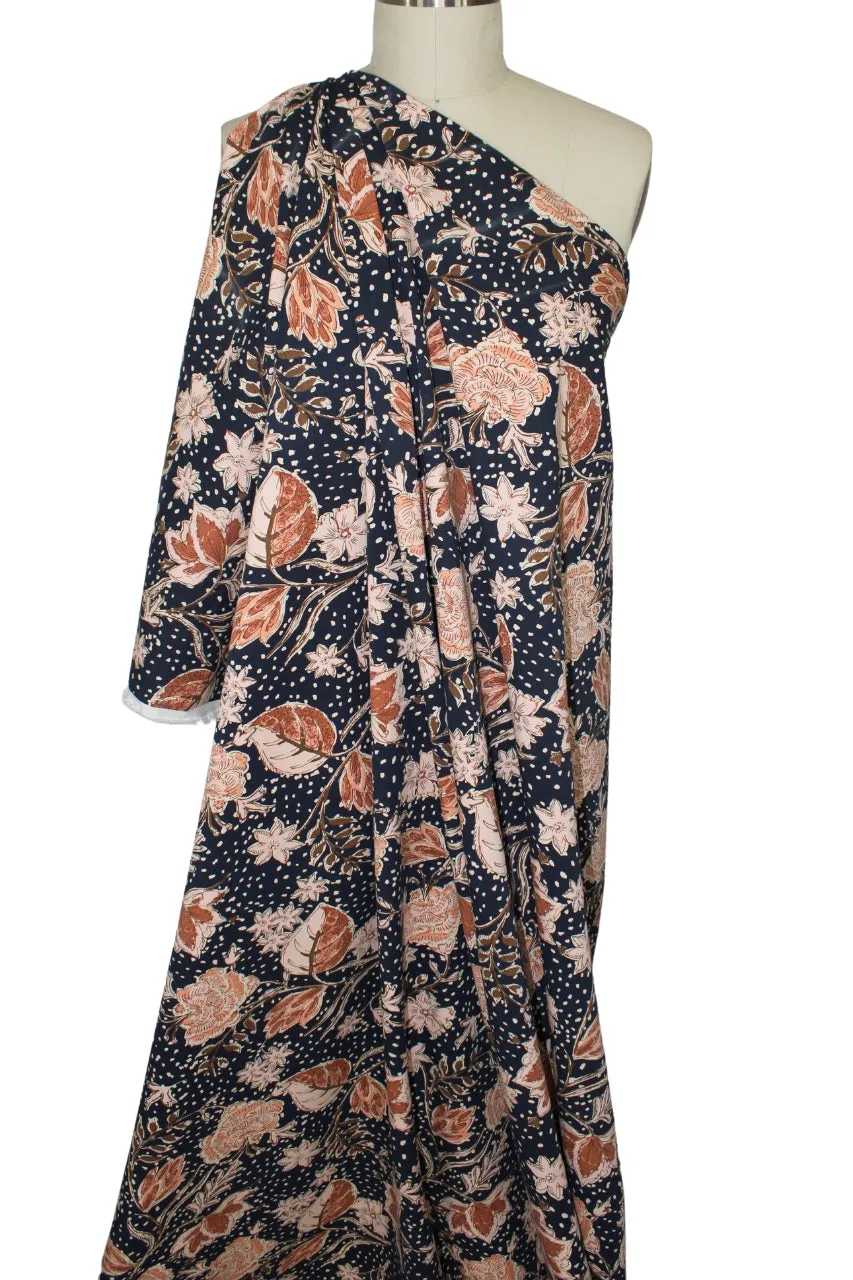 Avenue M0ntaigne Floral Rayon Stretch Twill - Peachy Tones on Midnight Navy