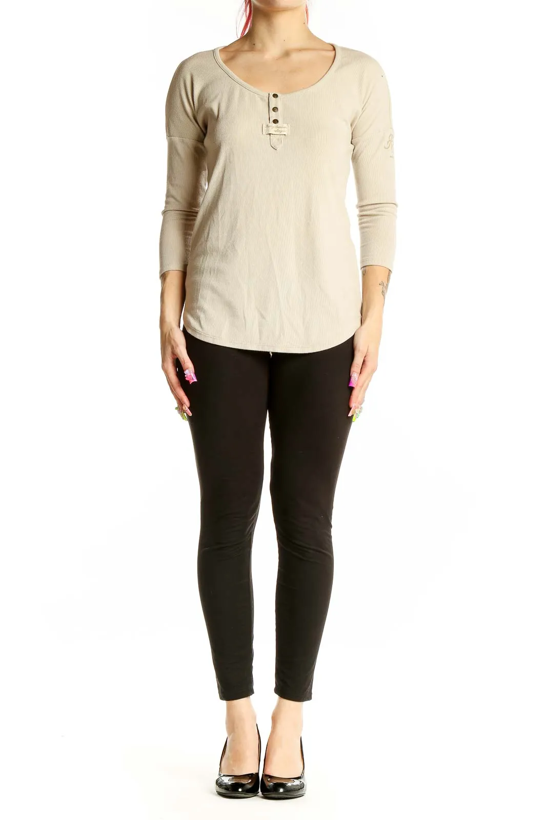 Beige Ribbed Henley Top with Embroidered Back