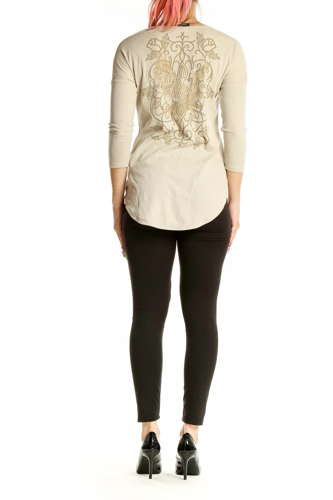 Beige Ribbed Henley Top with Embroidered Back