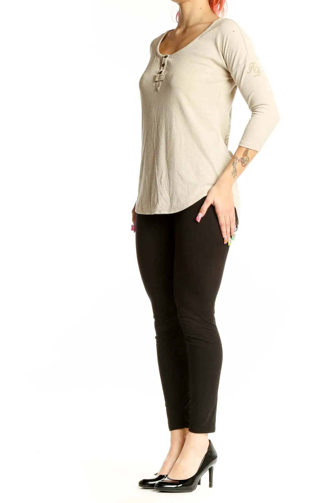 Beige Ribbed Henley Top with Embroidered Back