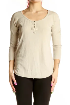 Beige Ribbed Henley Top with Embroidered Back