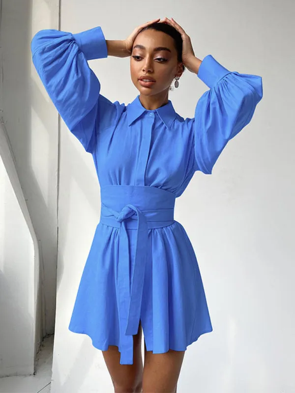 Belt-Tie Solid Mini Dress with Balloon Sleeves