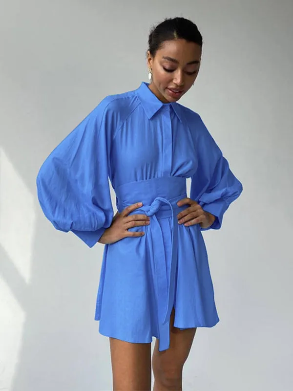 Belt-Tie Solid Mini Dress with Balloon Sleeves