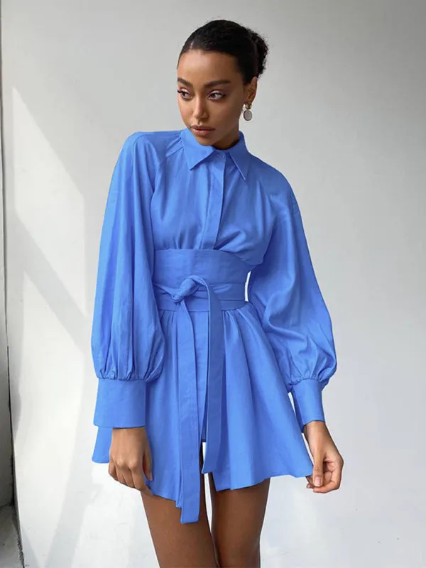 Belt-Tie Solid Mini Dress with Balloon Sleeves