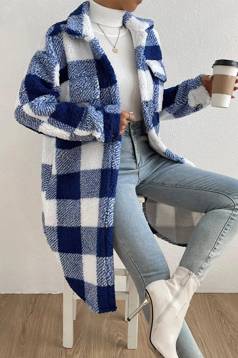 Casual Plaid Pocket Contrast Turndown Collar Outerwear(4 Colors)