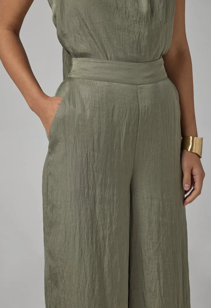 Choice Crinkled Elastic Waist Wide Leg Trousers Olive