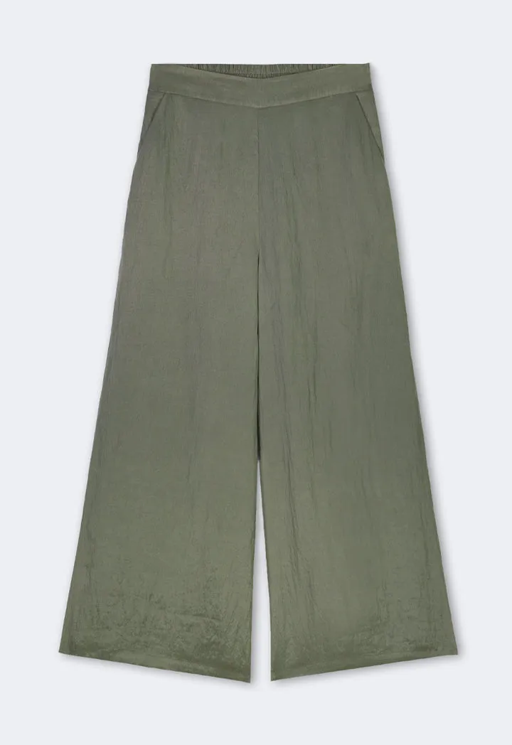 Choice Crinkled Elastic Waist Wide Leg Trousers Olive