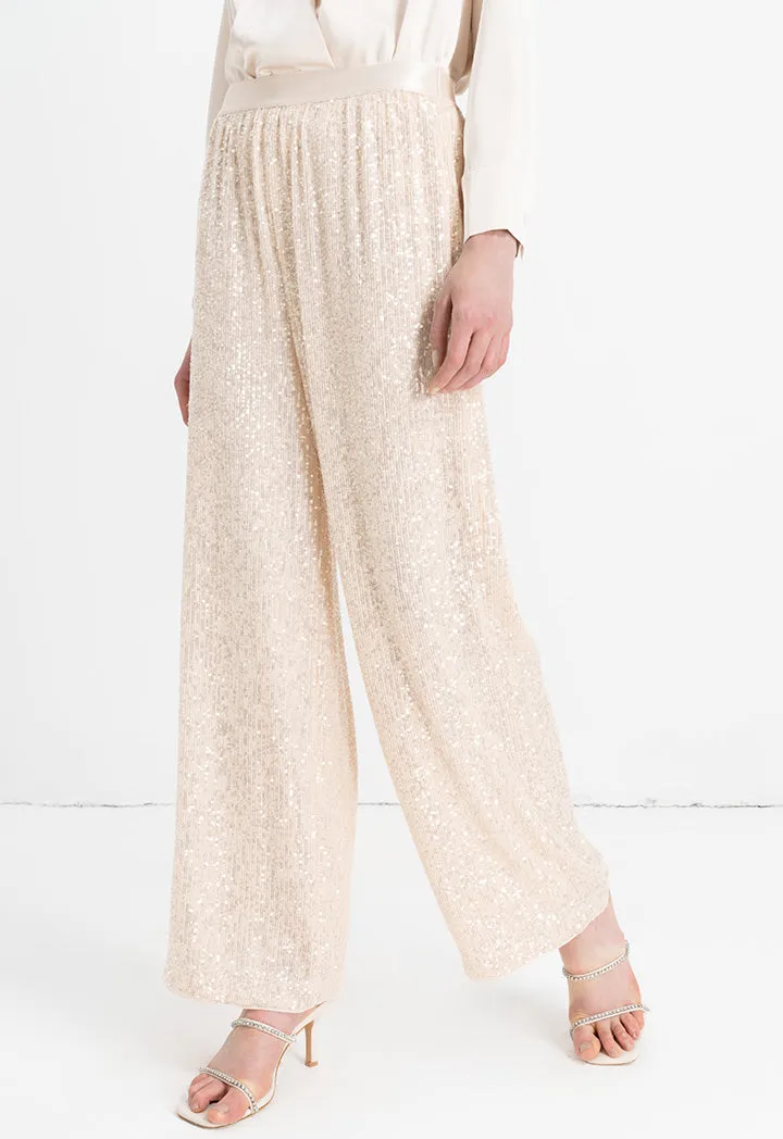 Choice Elastic Waistband Sequins Trousers Sand Beige