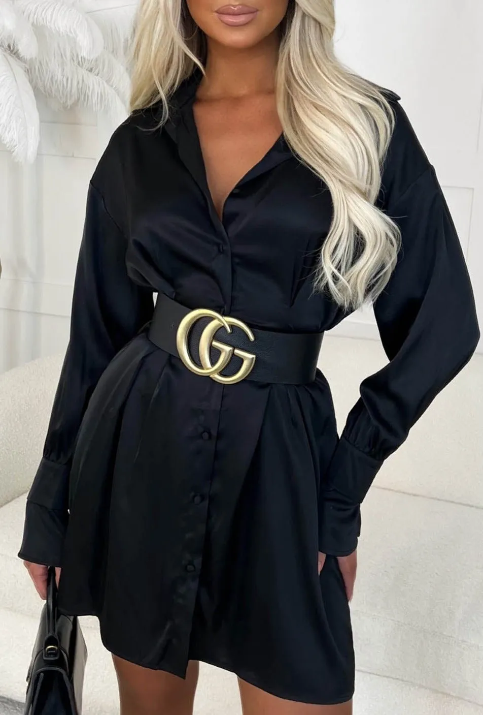 Couture Classic Black Pleated Waist Cinching Satin Shirt Dress