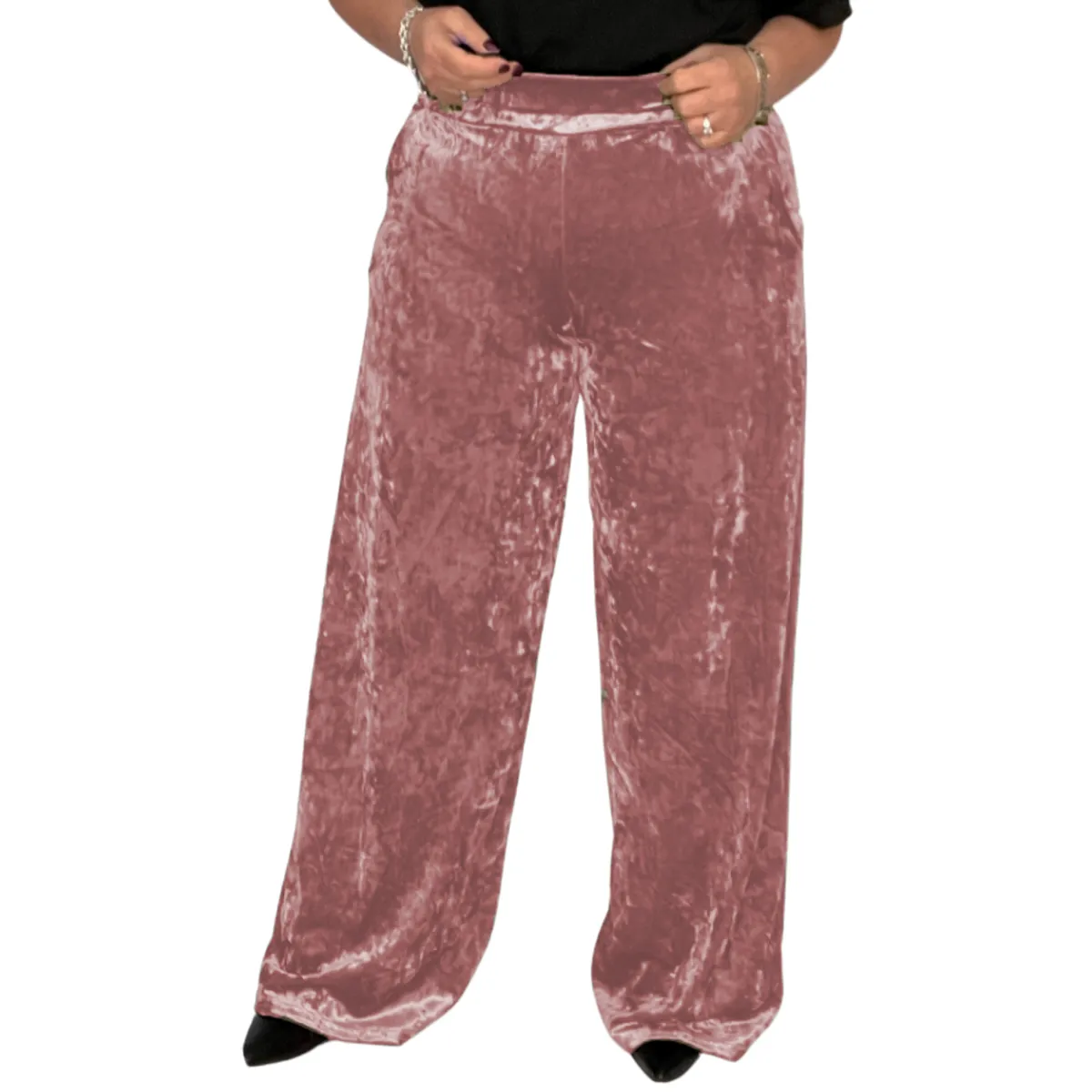 CRUSHED VELVET TROUSERS ELASTIC WAIST AND POCKETS