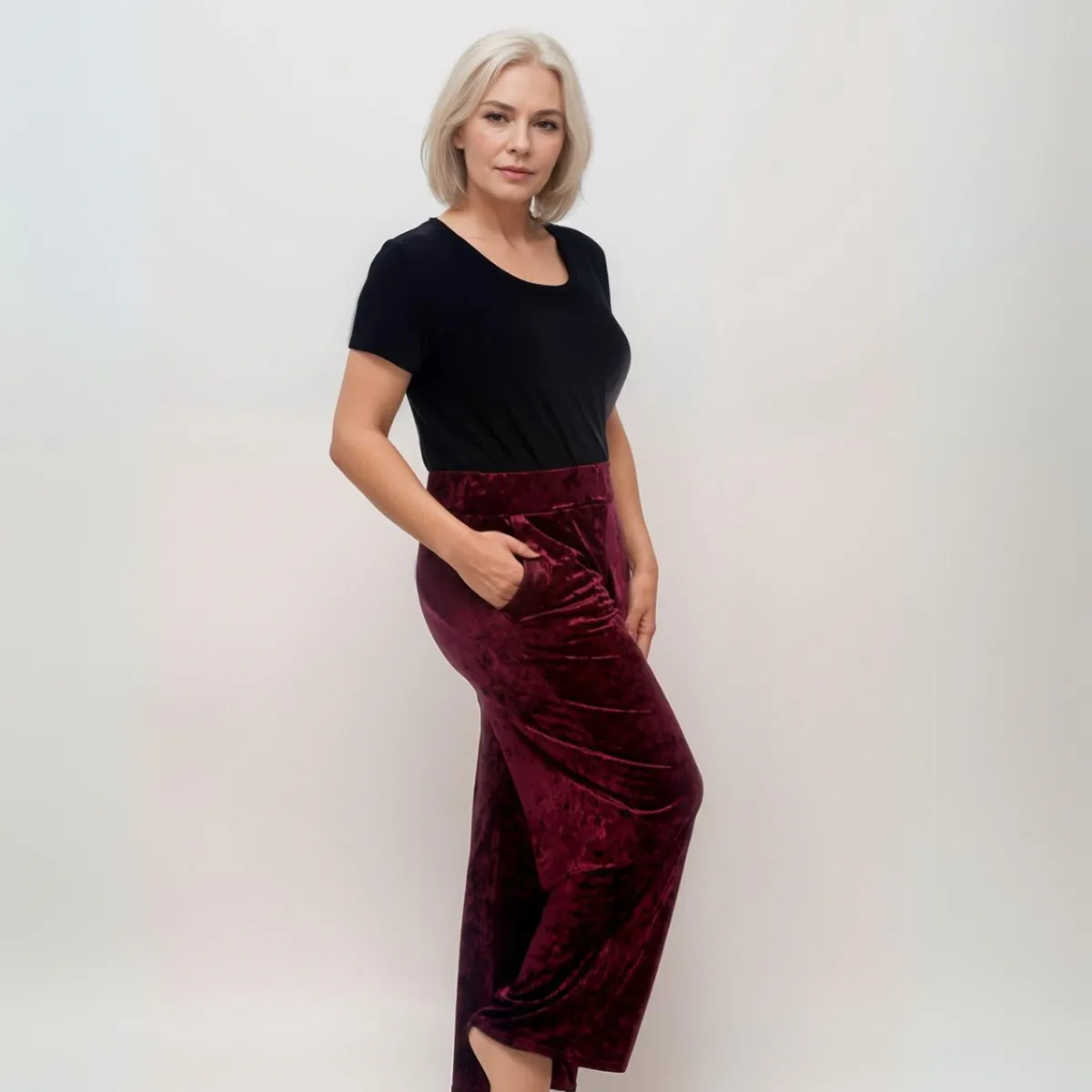 CRUSHED VELVET TROUSERS ELASTIC WAIST AND POCKETS