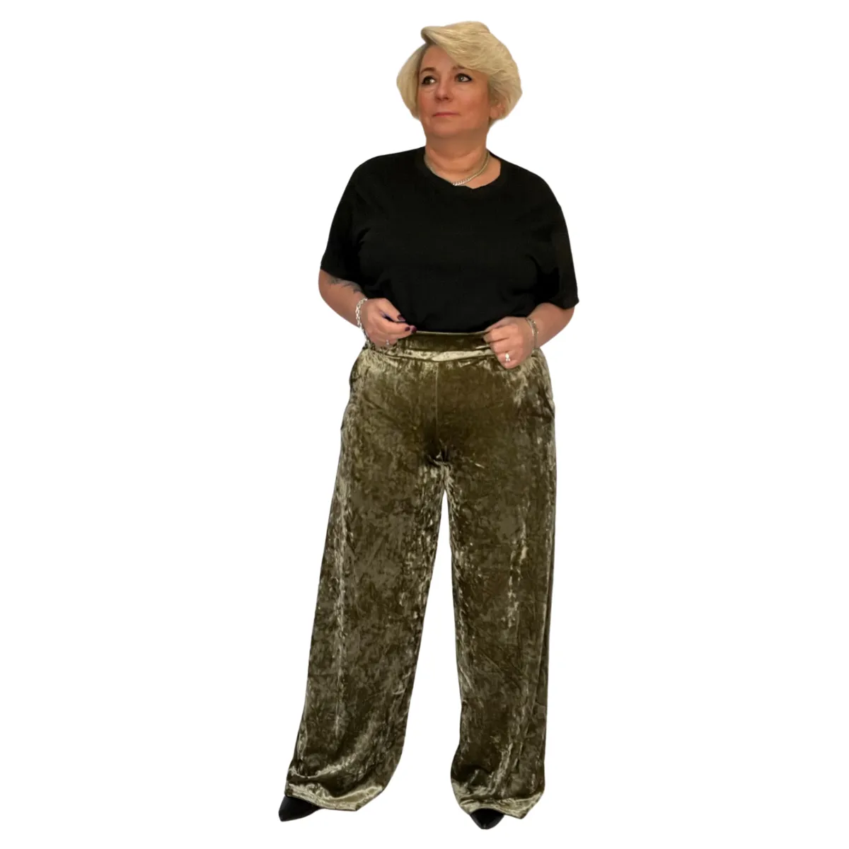 CRUSHED VELVET TROUSERS ELASTIC WAIST AND POCKETS