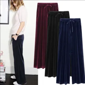 Elastic waist velvet wide leg trousers