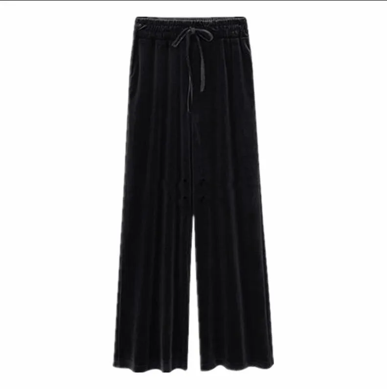 Elastic waist velvet wide leg trousers