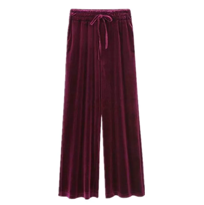 Elastic waist velvet wide leg trousers