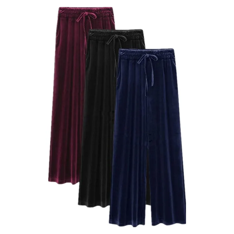 Elastic waist velvet wide leg trousers