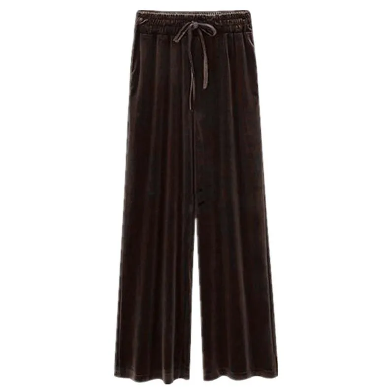 Elastic waist velvet wide leg trousers