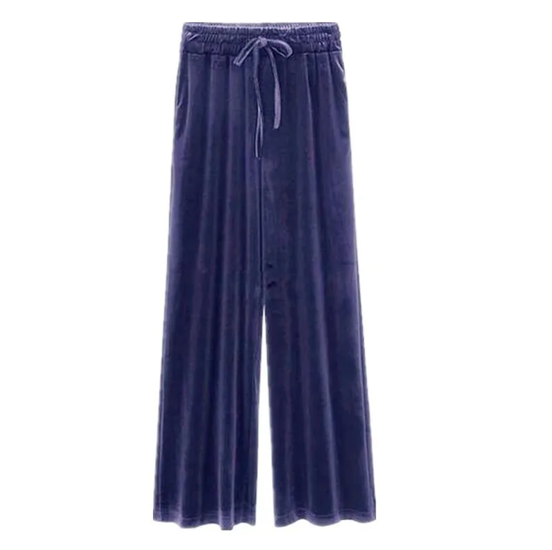 Elastic waist velvet wide leg trousers