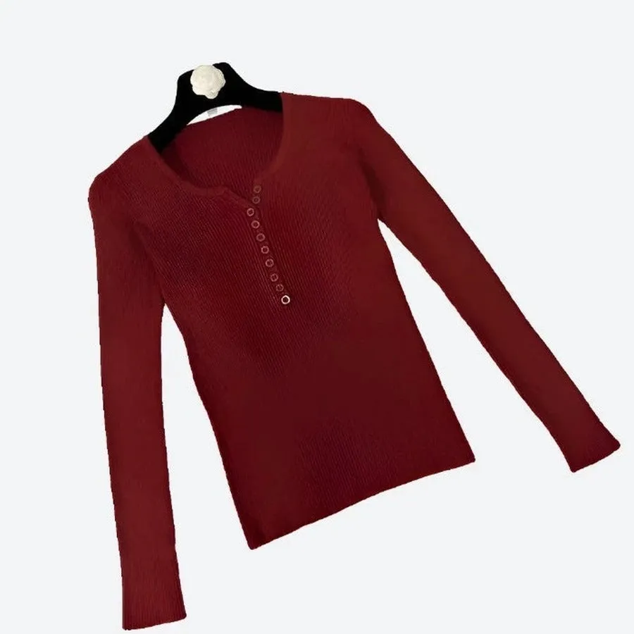 Elegant Ribbed Long-Sleeve Henley Tops