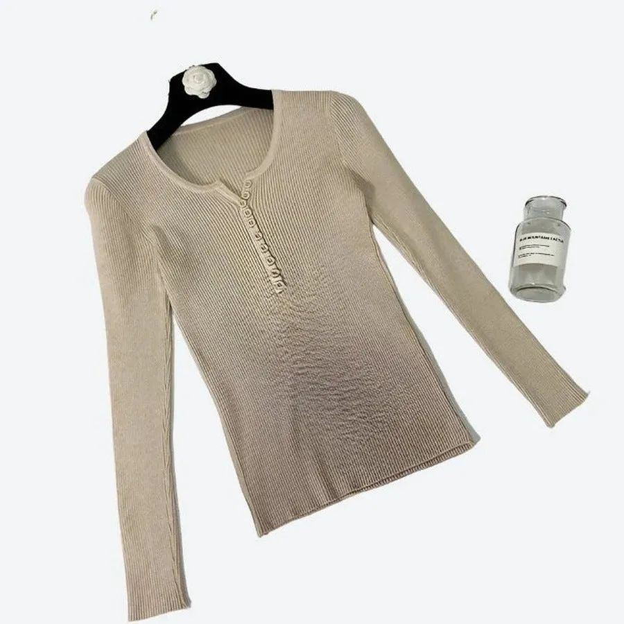 Elegant Ribbed Long-Sleeve Henley Tops