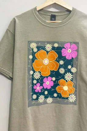 Floral Motif Graphic Tee: OLIVEGREY / SM / OVERSIZED