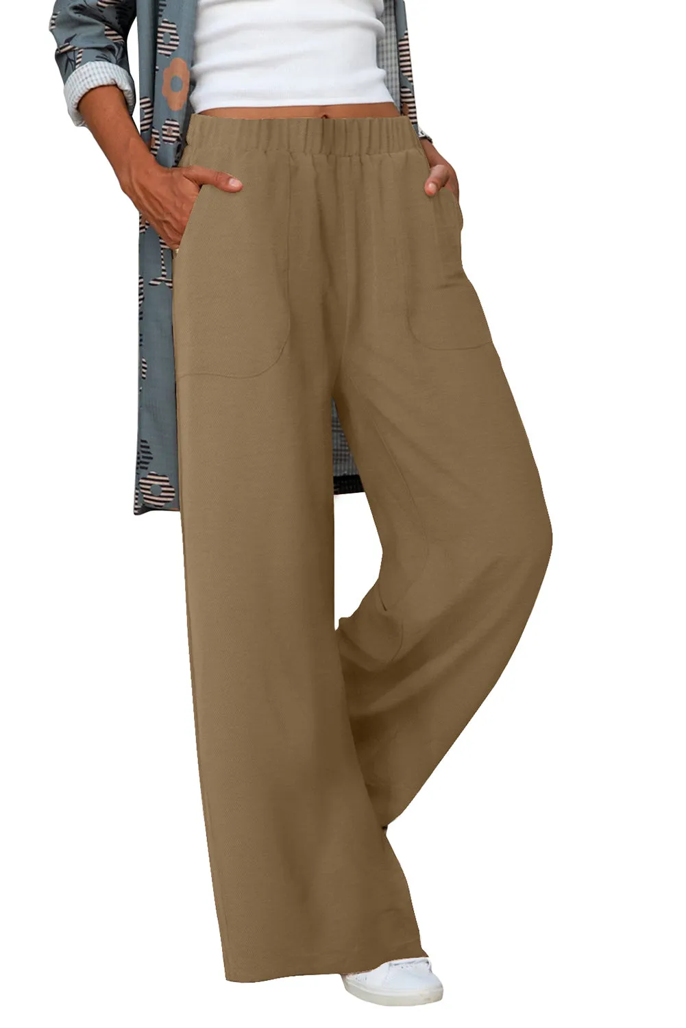 Khaki Elastic Waist Pocketed Wide Leg Pants