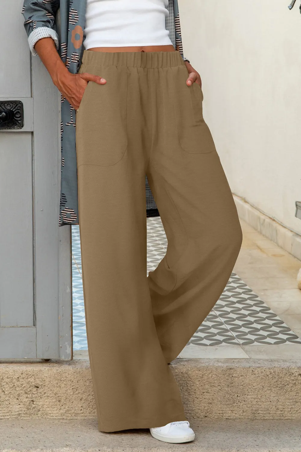 Khaki Elastic Waist Pocketed Wide Leg Pants