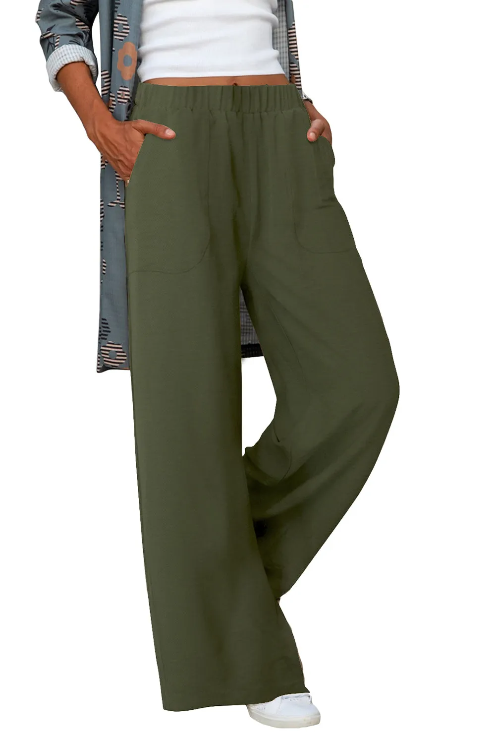 Khaki Elastic Waist Pocketed Wide Leg Pants