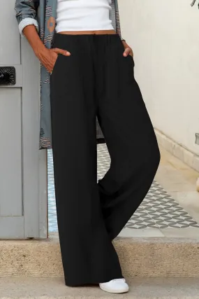 Khaki Elastic Waist Pocketed Wide Leg Pants