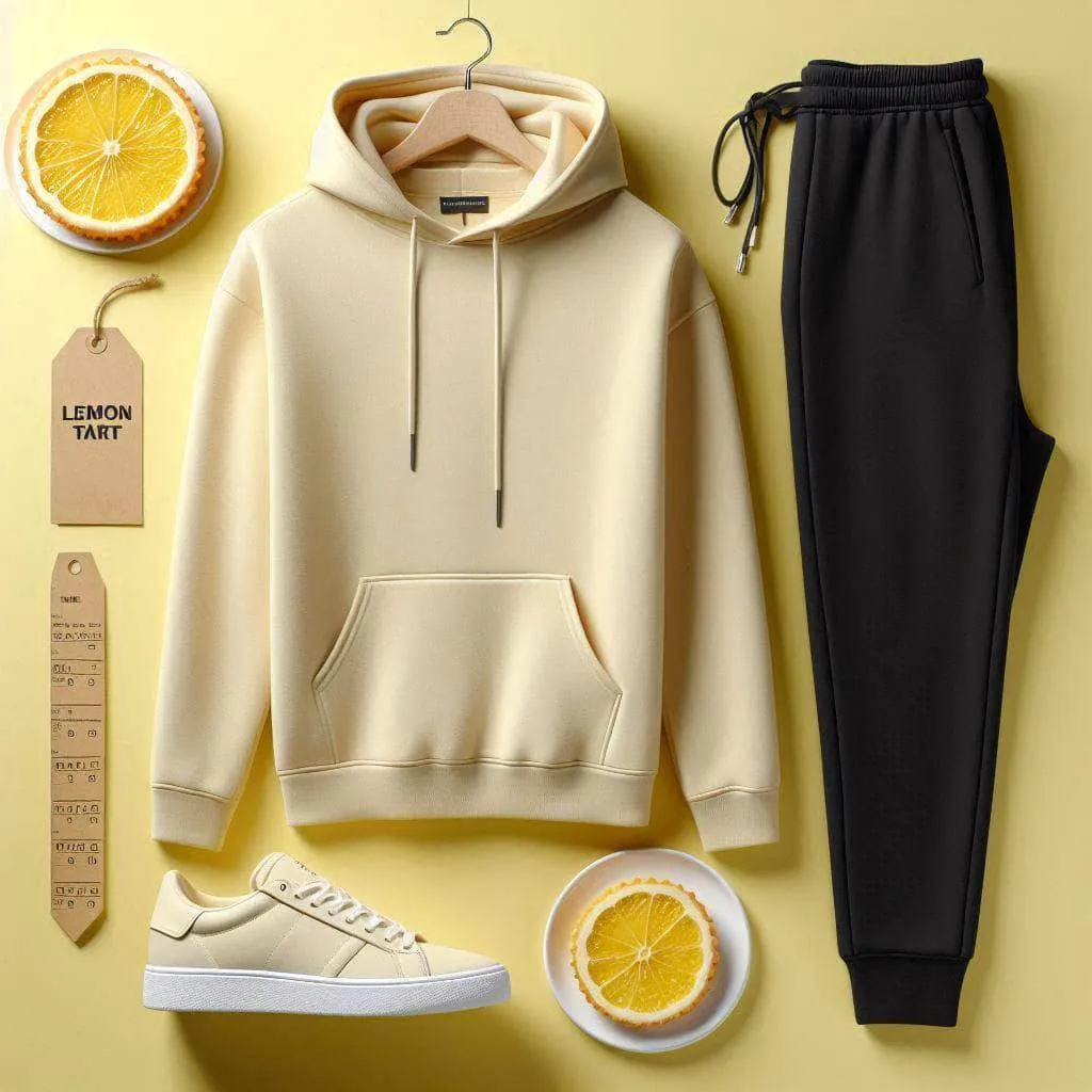 Lemon Tart Mens Plain Hoodie and Jogger Pants Set - LTMPHJPS1 - Cream Black