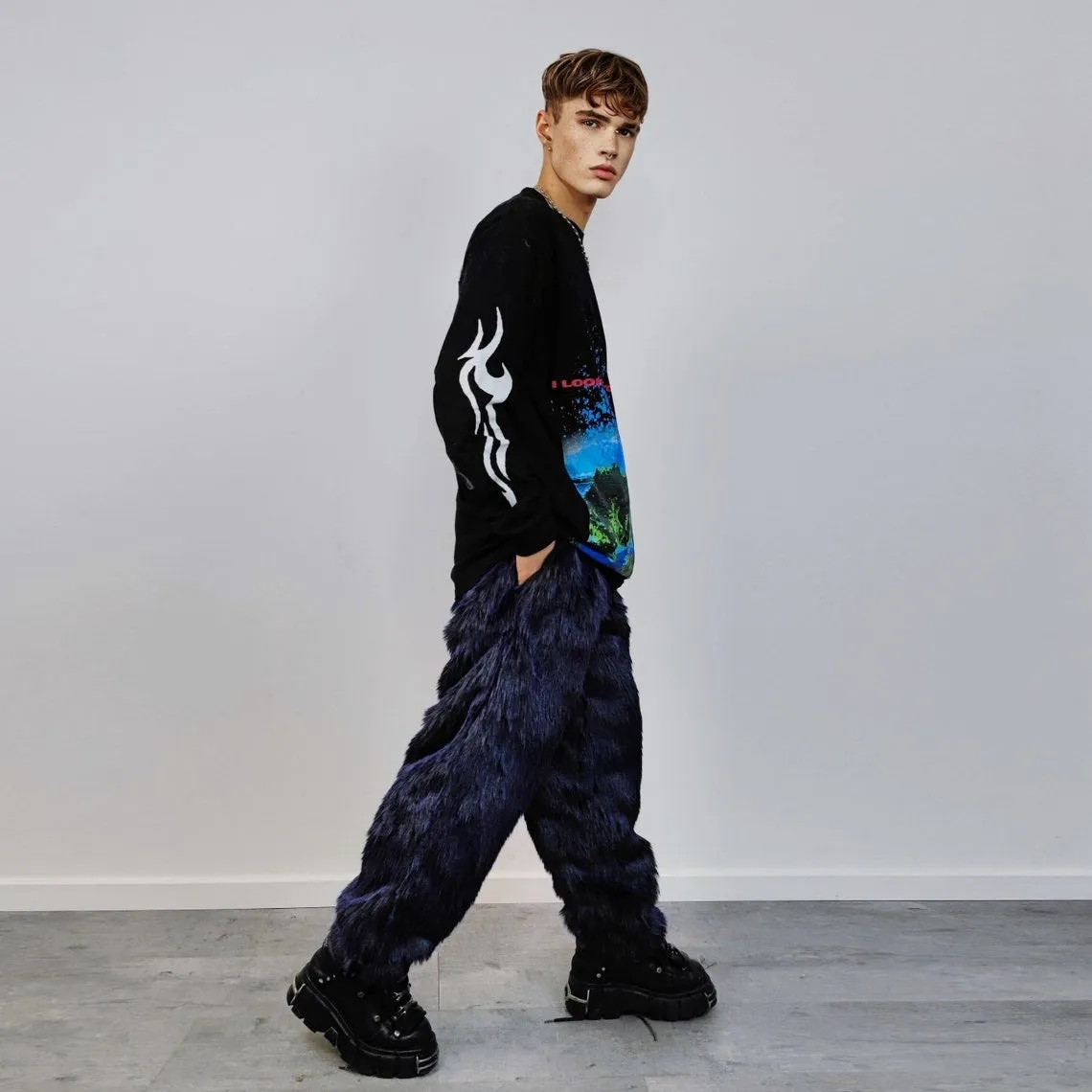 Luxury faux fur joggers luminous raver pants fluffy punk trousers skiing fleece shaggy overalls festival bottoms burning man pants in blue