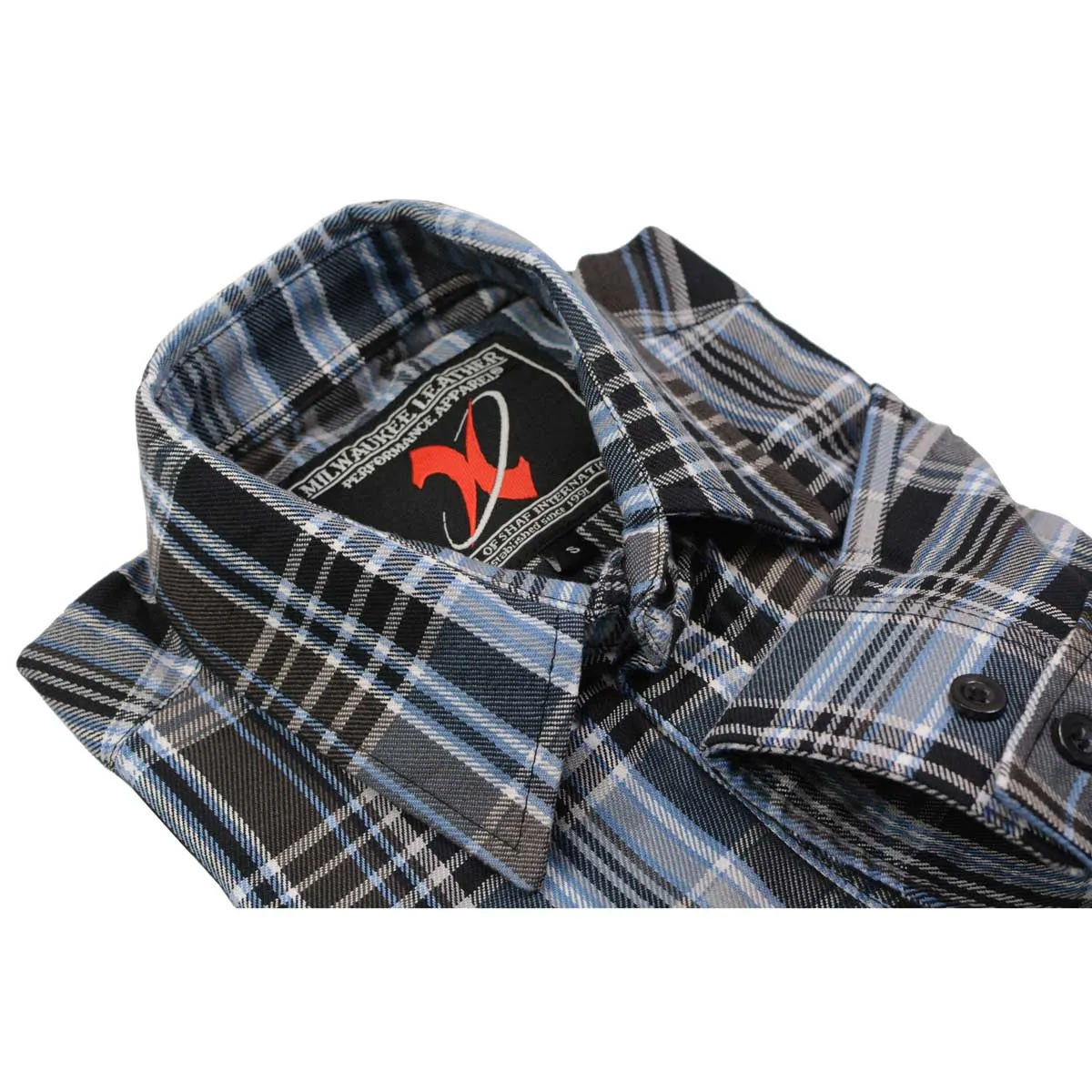 Milwaukee Leather Men's Flannel Plaid Shirt Black and White with Blue Long Sleeve Cotton Button Down Shirt MNG11626