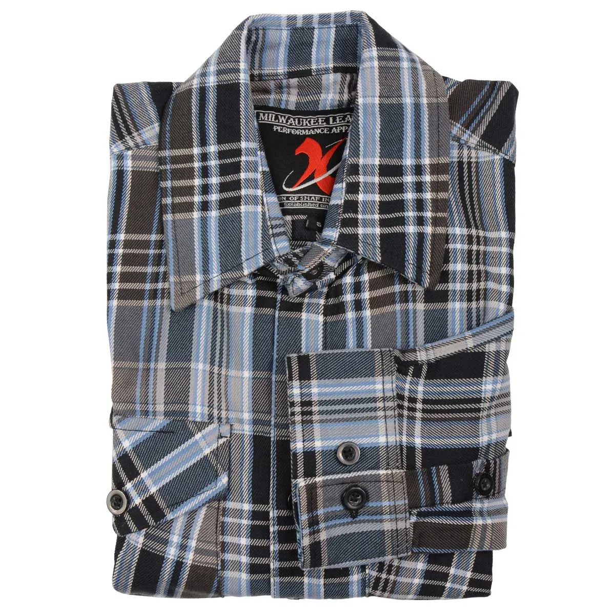 Milwaukee Leather Men's Flannel Plaid Shirt Black and White with Blue Long Sleeve Cotton Button Down Shirt MNG11626