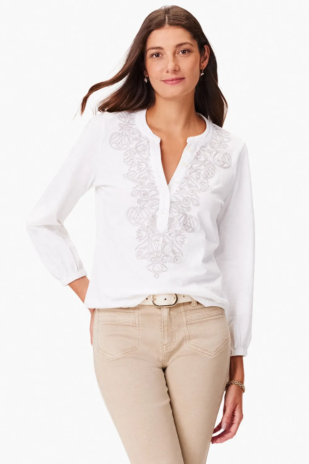 NIC ZOE White/Multi Climbing Vines Embroidered Henley Top S241015