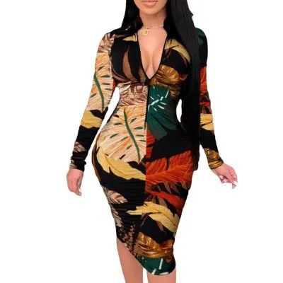 Purpdrank - Women Sexy V Neck Zipper Slim Fit Party Dress Summer Spring Vintage Print Short/Long Sleeve Bodycon Dresses Lady Casual Dresses