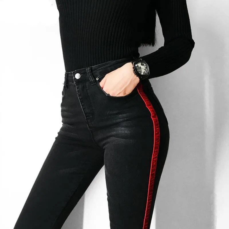 Red Striped Stretch Denim Black Jeans