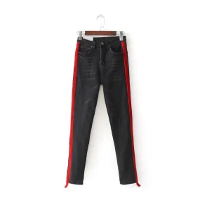 Red Striped Stretch Denim Black Jeans