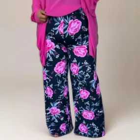 ROCKTHOSECURVES BLACK PINK ROSES ELASTIC WAIST PALAZZO TROUSERS