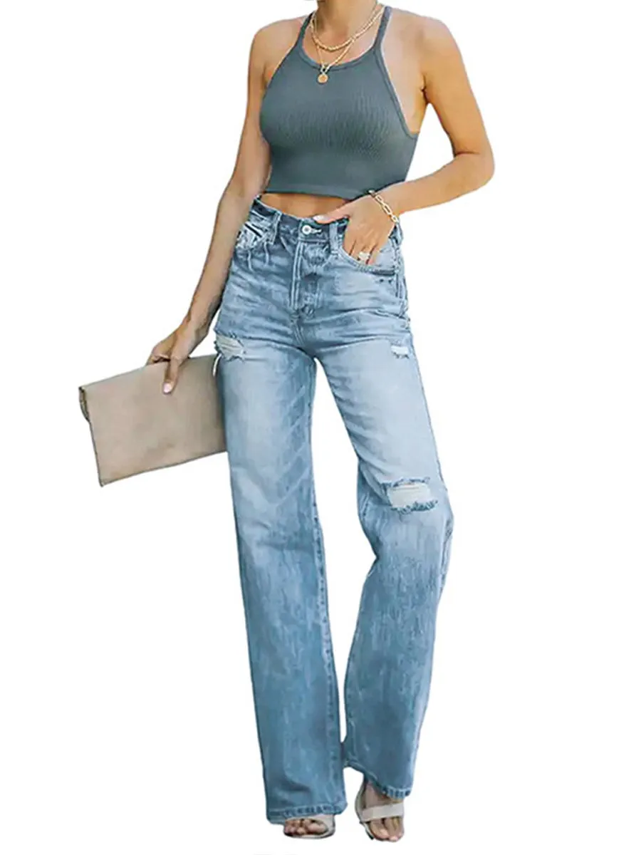 Stretch Washed Ripped Wide-leg Jeans