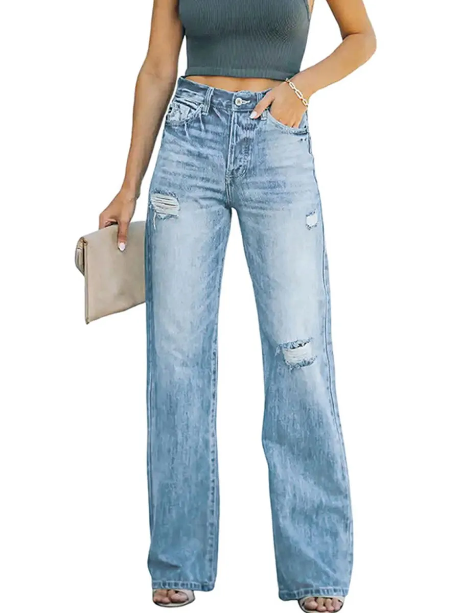 Stretch Washed Ripped Wide-leg Jeans