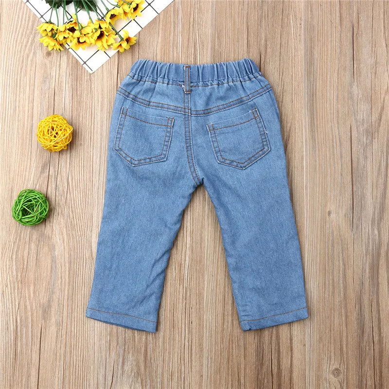 Summer Casual Shredded Jeans Denim Elastic Trousers Blue Hole Pants