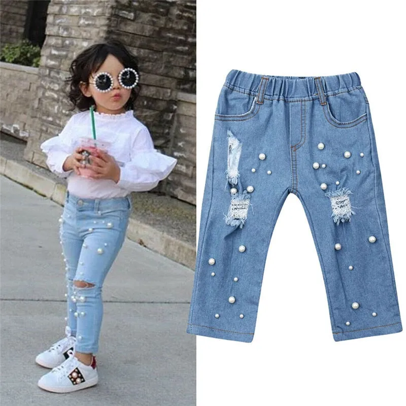 Summer Casual Shredded Jeans Denim Elastic Trousers Blue Hole Pants