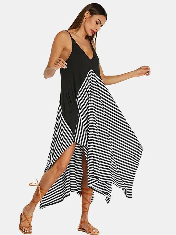 Wholesale Black Deep V Neck Sleeveless Stripe Spaghetti Strap Casual Dresses