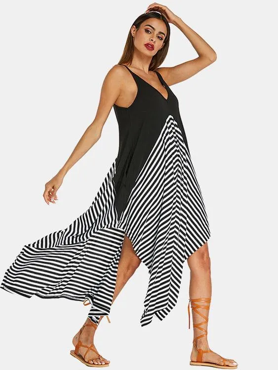 Wholesale Black Deep V Neck Sleeveless Stripe Spaghetti Strap Casual Dresses