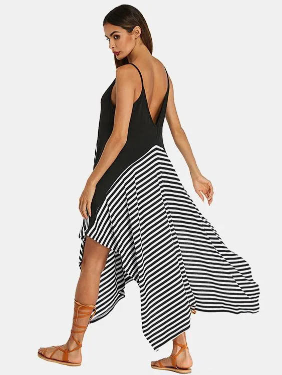 Wholesale Black Deep V Neck Sleeveless Stripe Spaghetti Strap Casual Dresses