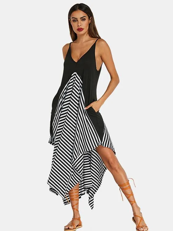 Wholesale Black Deep V Neck Sleeveless Stripe Spaghetti Strap Casual Dresses