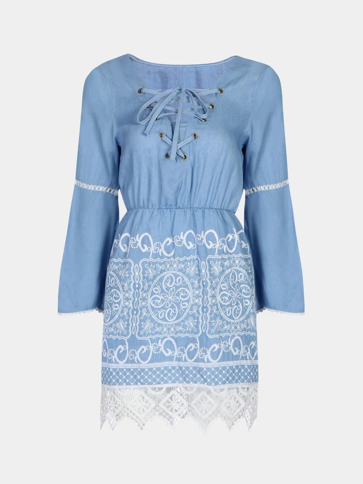 Wholesale Blue Round Neck Long Sleeve Lace Casual Dresses