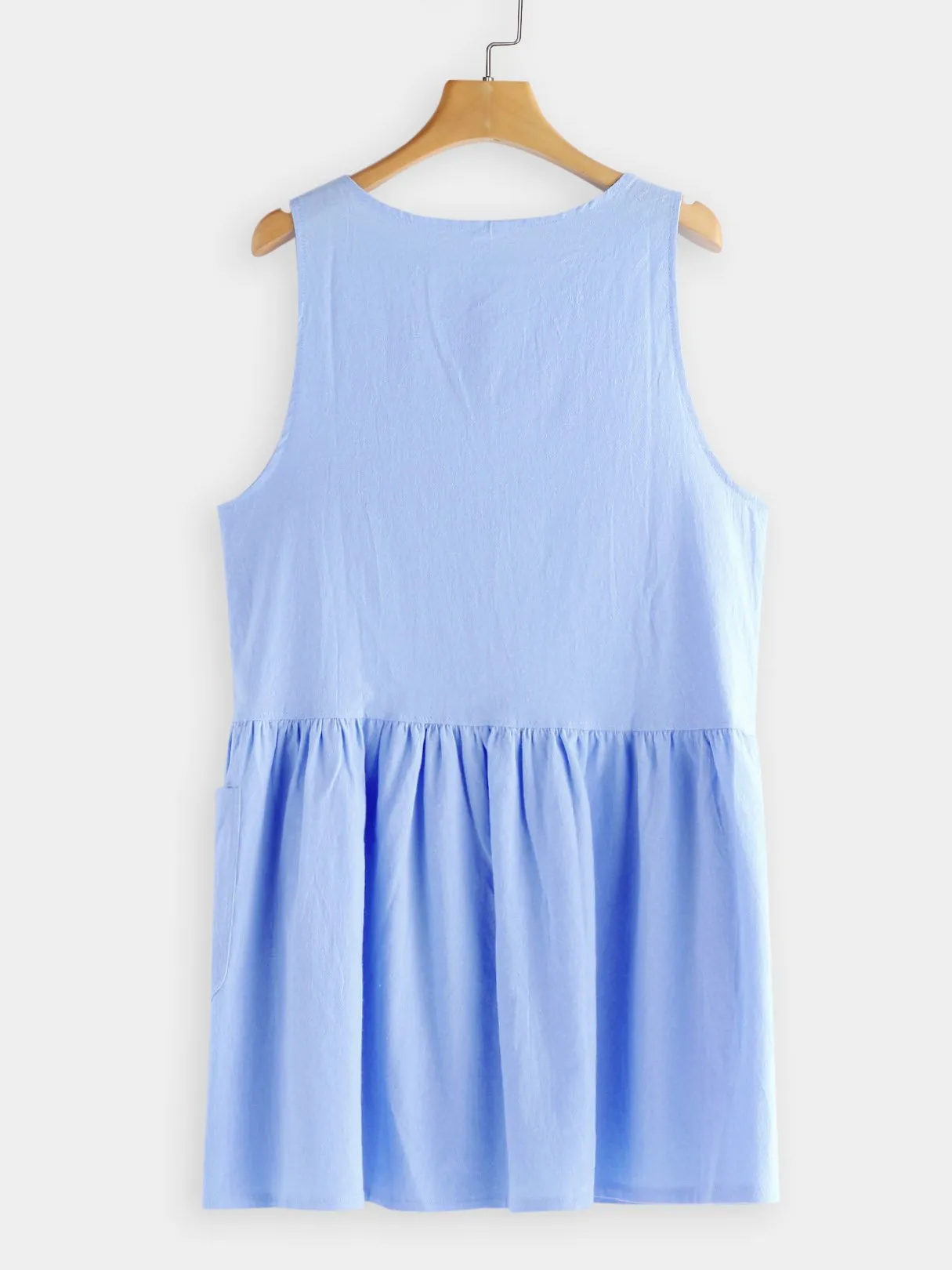 Wholesale Blue Round Neck Sleeveless Plain Side Pockets Casual Dresses