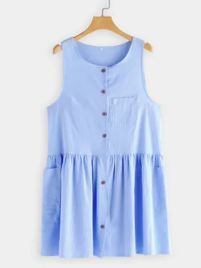 Wholesale Blue Round Neck Sleeveless Plain Side Pockets Casual Dresses